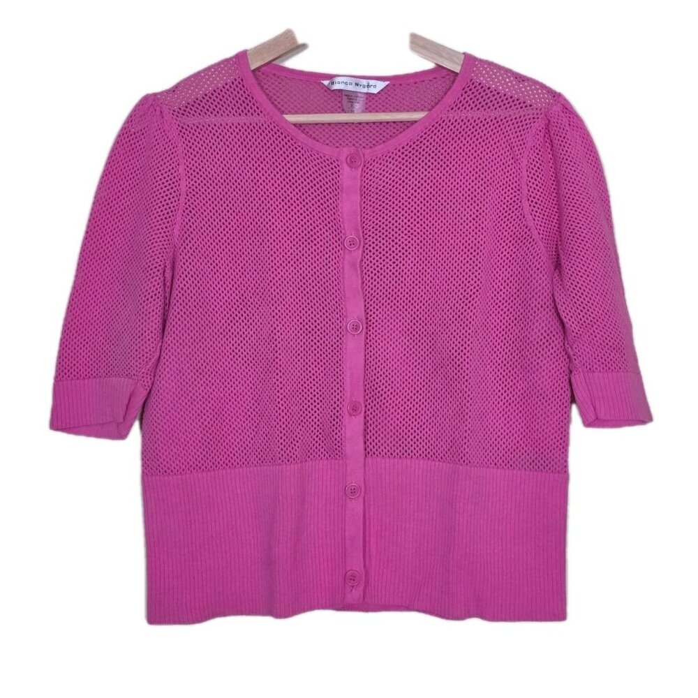 Bianca Nygard Cardigan Womens XL Hot Pink SS Button Up Round Neck Boho Open Knit